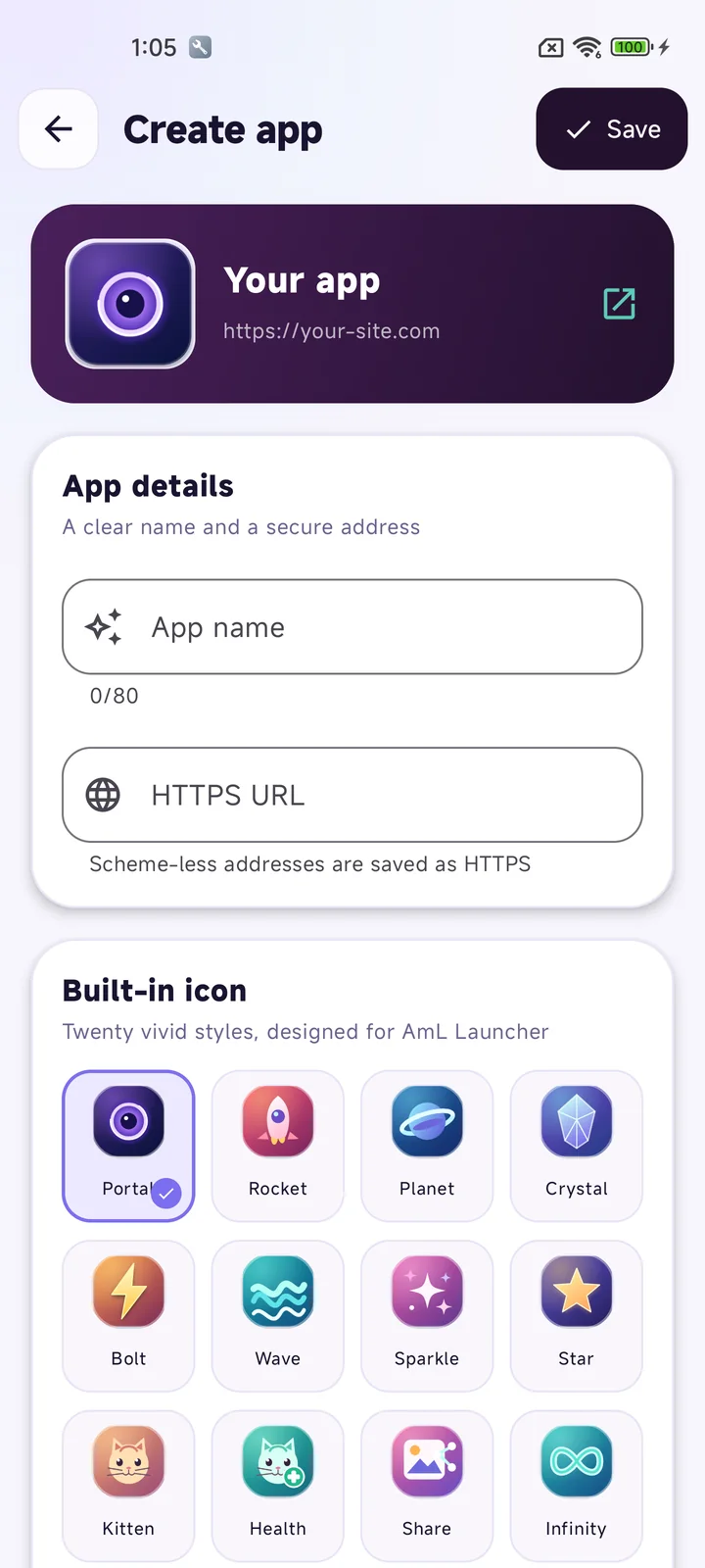App Maker editor showing website fields and colorful built-in icon choices