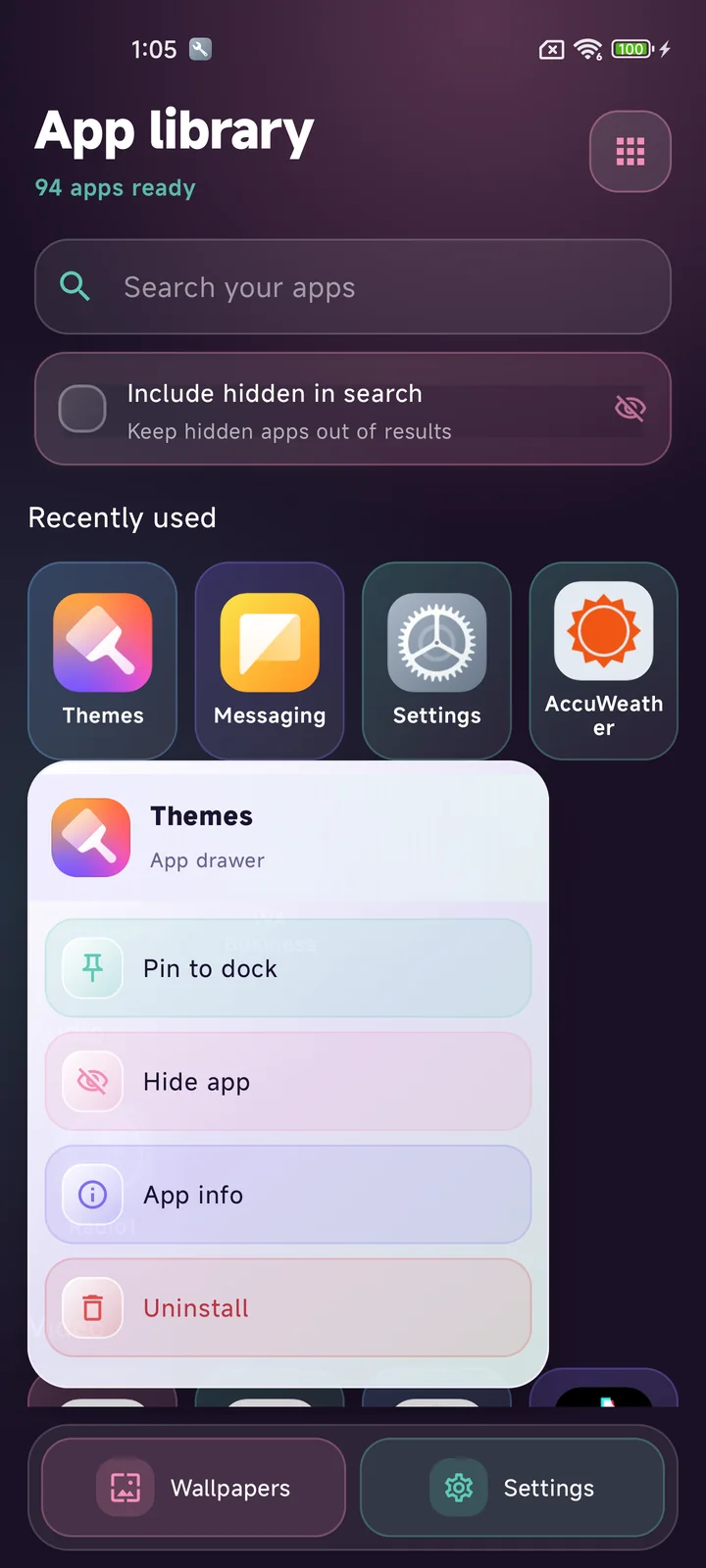 AmL Launcher app drawer with search, recent apps, and a one-column action menu