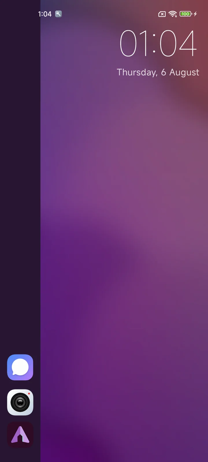 AmL Launcher Home with the AmL purple wallpaper and a full-height left edge dock
