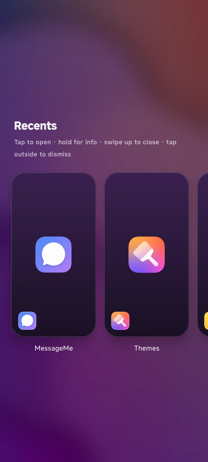 AmL Recents card switcher over the purple launcher wallpaper